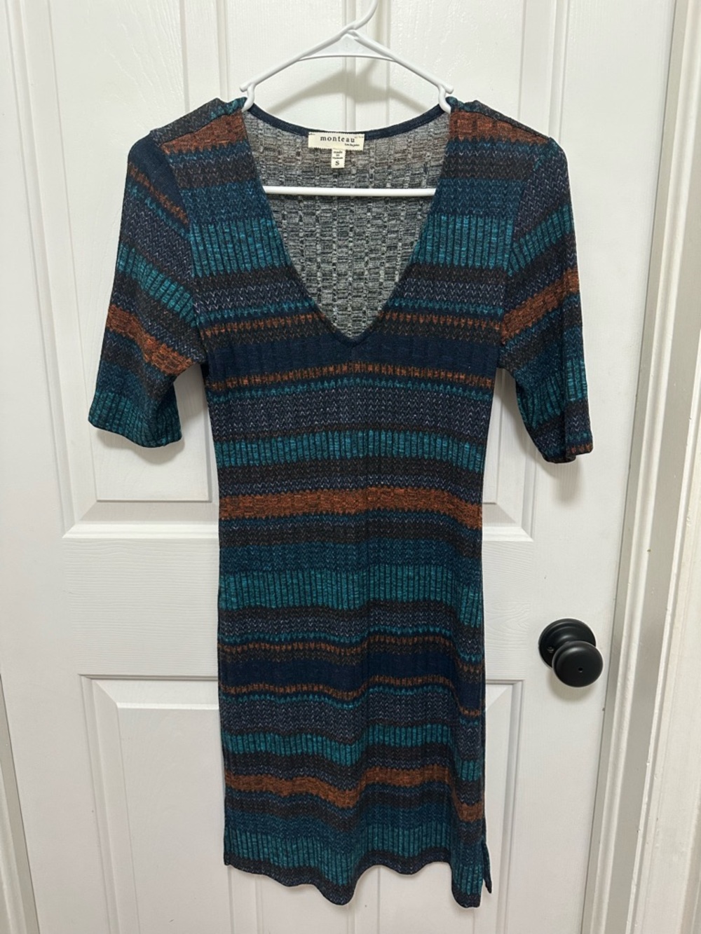 0053 Monteau Teal, Navy & Brown‎ Striped Ribbed V-Neck Dress womens size small